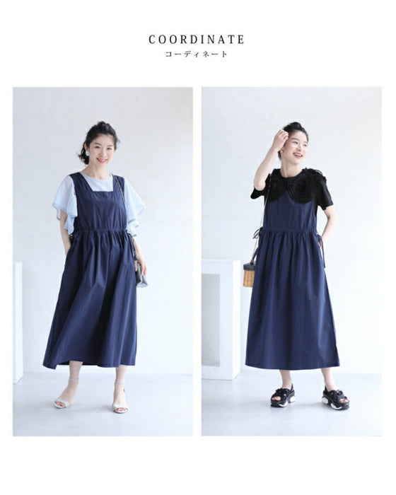ウエスト絞れるサロペットミディアムワンピース