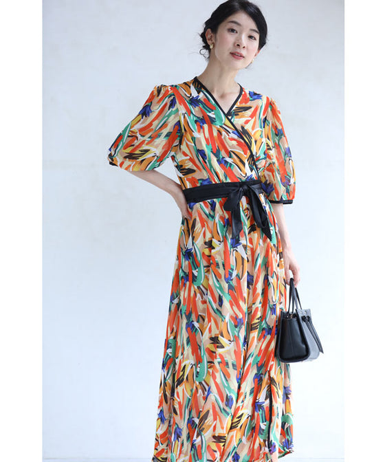 【アウトレット返品交換不可】プロヴァンスの風感じるアートなカシュクールロングワンピース