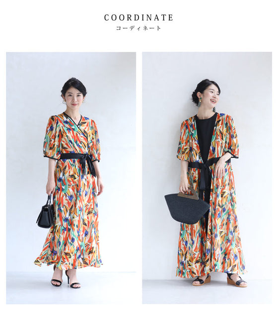 【アウトレット返品交換不可】プロヴァンスの風感じるアートなカシュクールロングワンピース