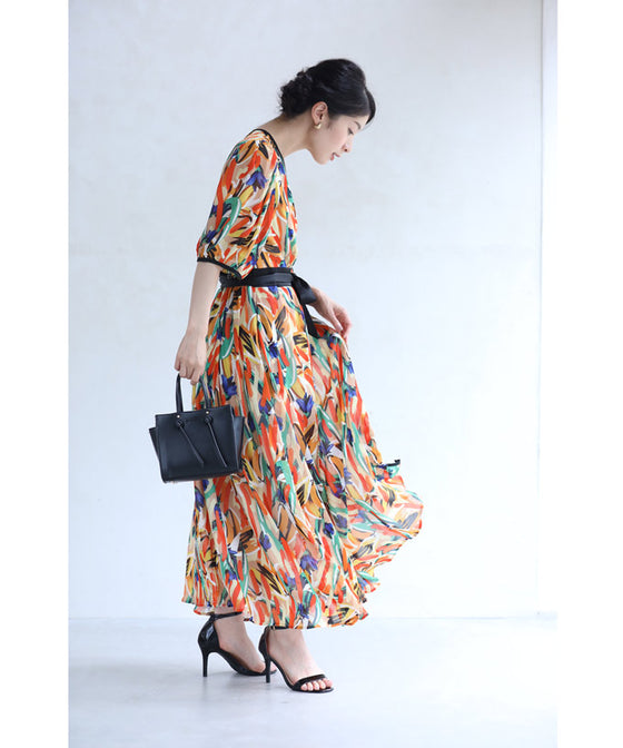 【アウトレット返品交換不可】プロヴァンスの風感じるアートなカシュクールロングワンピース