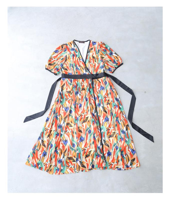 【アウトレット返品交換不可】プロヴァンスの風感じるアートなカシュクールロングワンピース