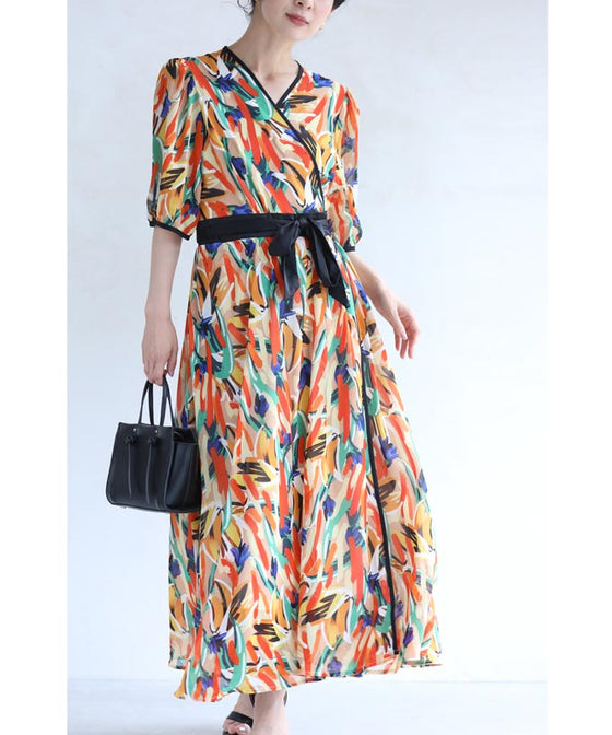 【アウトレット返品交換不可】プロヴァンスの風感じるアートなカシュクールロングワンピース