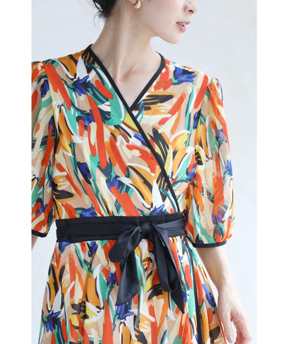 【アウトレット返品交換不可】プロヴァンスの風感じるアートなカシュクールロングワンピース