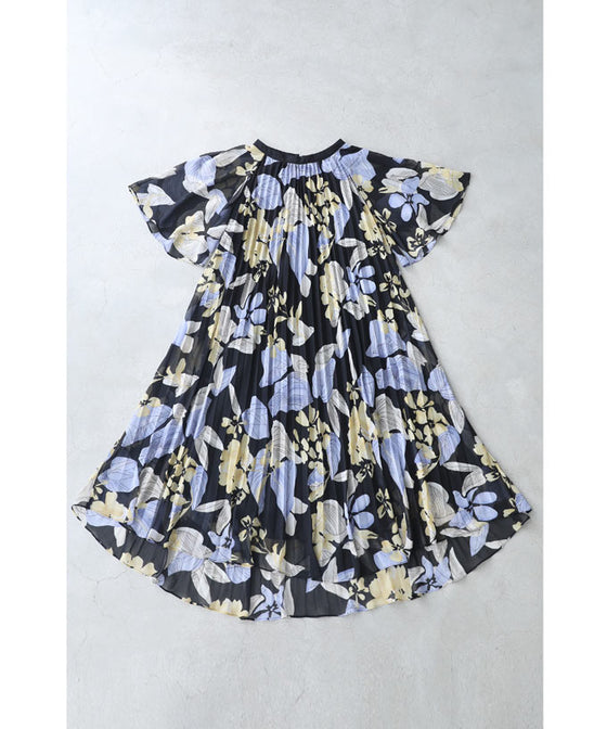 A sheer floral mid-length dress with pleats that flares out from the neck