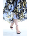 A sheer floral mid-length dress with pleats that flares out from the neck