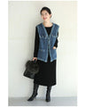 Fringe knit vest made of soft denim-like fabric