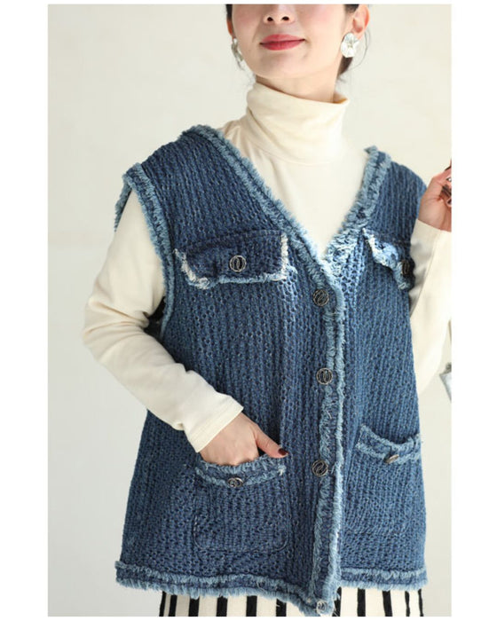 Fringe knit vest made of soft denim-like fabric