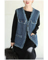 Fringe knit vest made of soft denim-like fabric