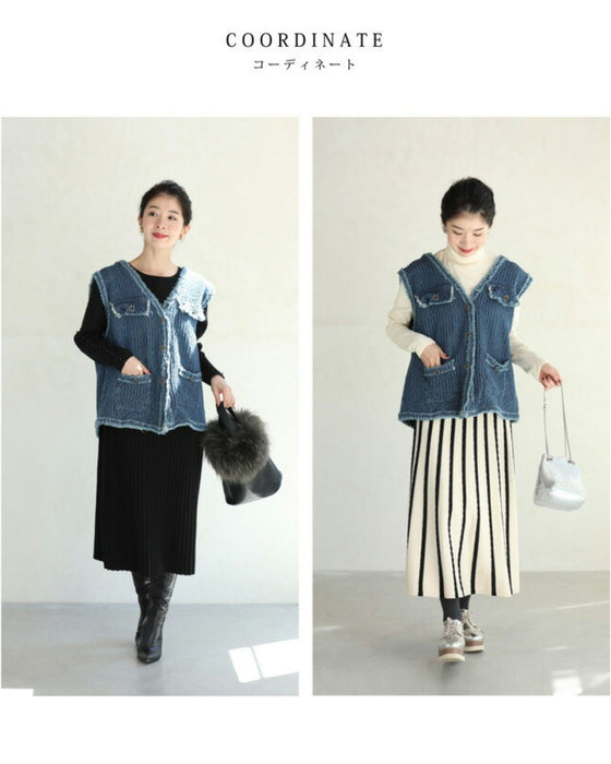 Fringe knit vest made of soft denim-like fabric