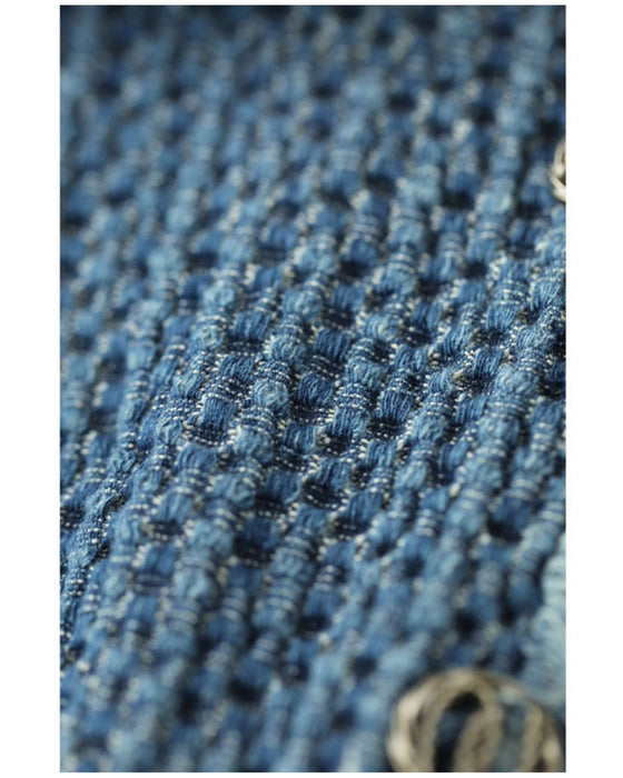 Fringe knit vest made of soft denim-like fabric