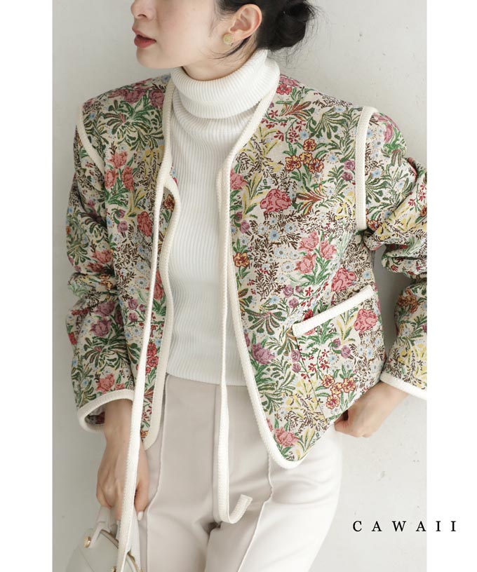 肩パッド入り。美しい花風景広がるゴブラン織りリボンジャケット – ONE
