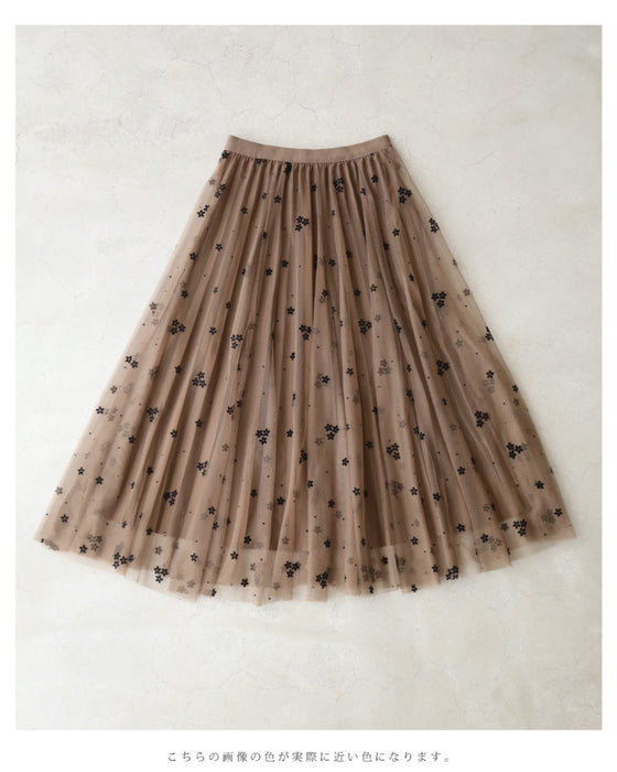 【アウトレット返品交換不可】フロッキーのお花を散りばめたチュールベールミディアムスカート