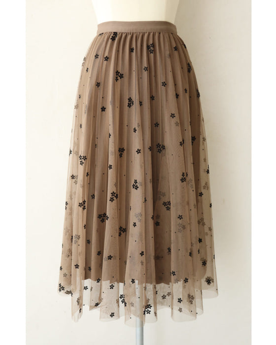 【アウトレット返品交換不可】フロッキーのお花を散りばめたチュールベールミディアムスカート