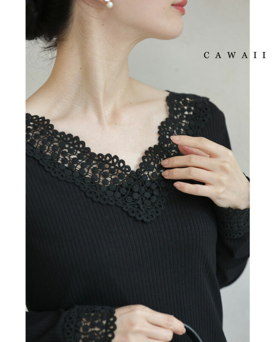 デコルテに浮かぶレースVネックのリブニットカットソー