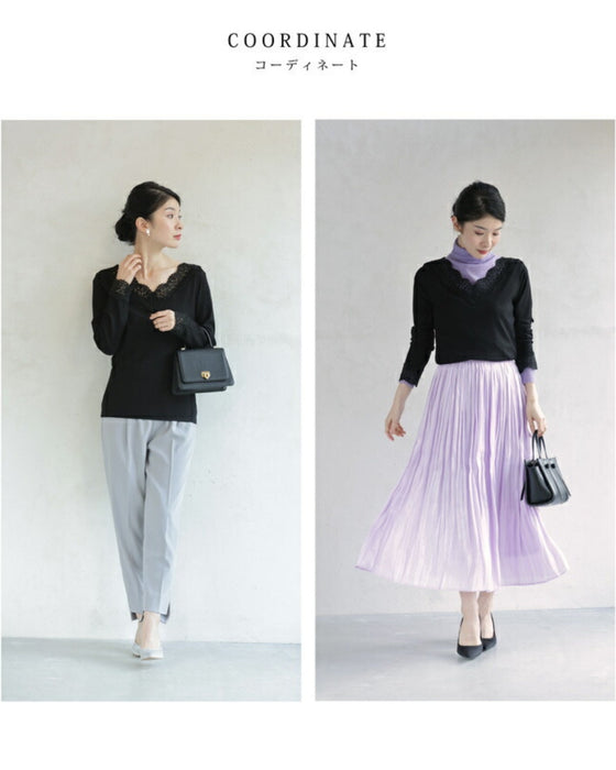 デコルテに浮かぶレースVネックのリブニットカットソー