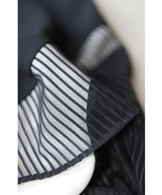 Two-tone blouse top with flowing ruffles and sheer striped sleeves