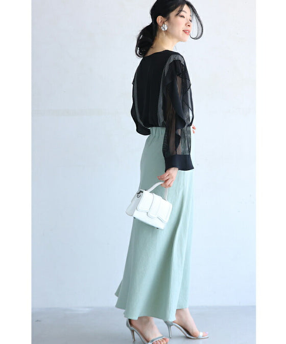 Two-tone blouse top with flowing ruffles and sheer striped sleeves