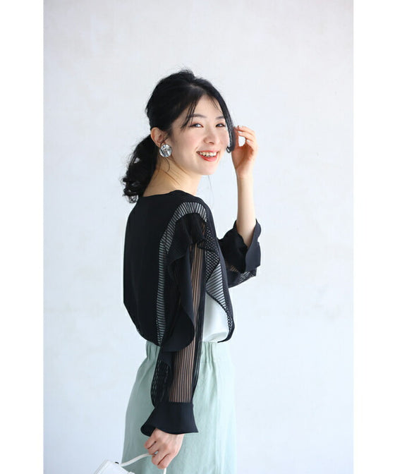 Two-tone blouse top with flowing ruffles and sheer striped sleeves