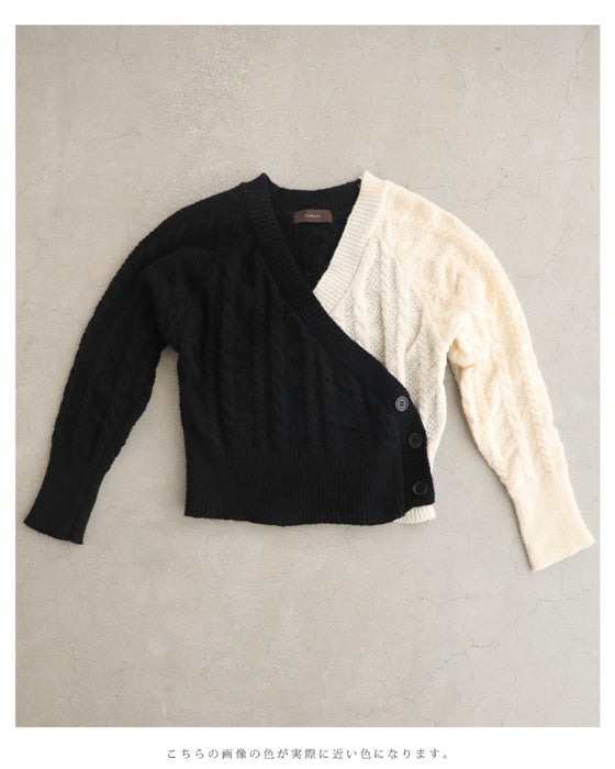 A knit pullover top with a black and white cache-coeur design