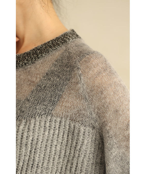 デコルテシアーなポワン袖ニットプルオーバートップス