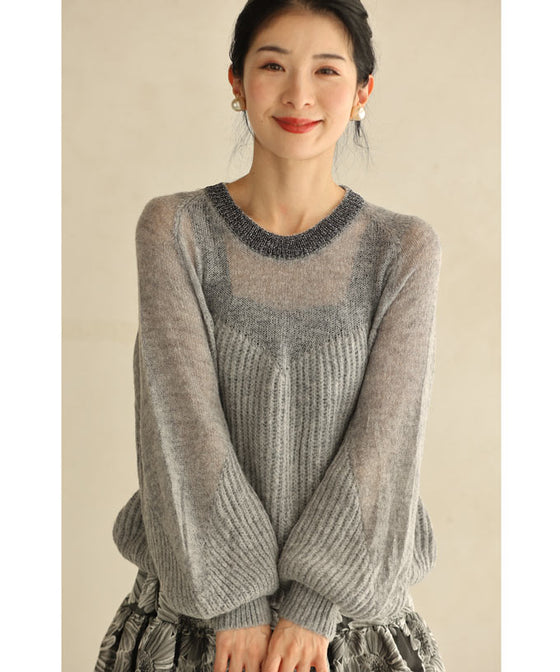 デコルテシアーなポワン袖ニットプルオーバートップス