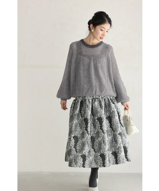 デコルテシアーなポワン袖ニットプルオーバートップス