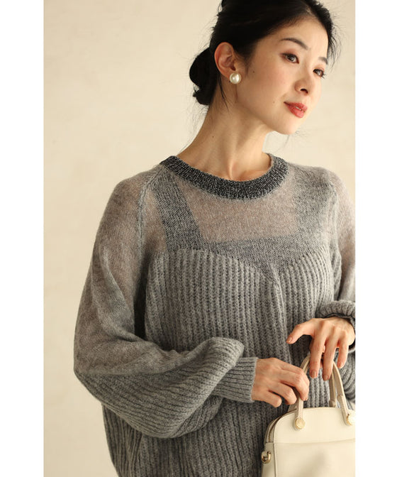 デコルテシアーなポワン袖ニットプルオーバートップス