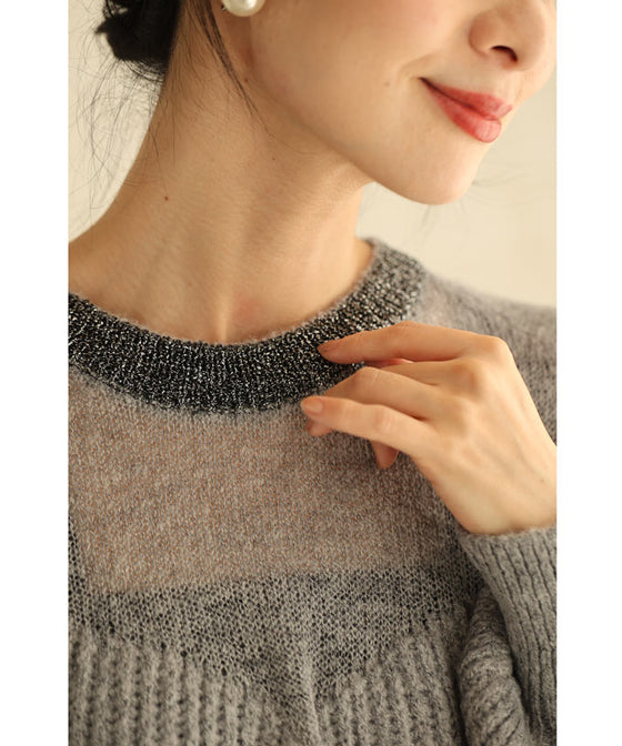 デコルテシアーなポワン袖ニットプルオーバートップス