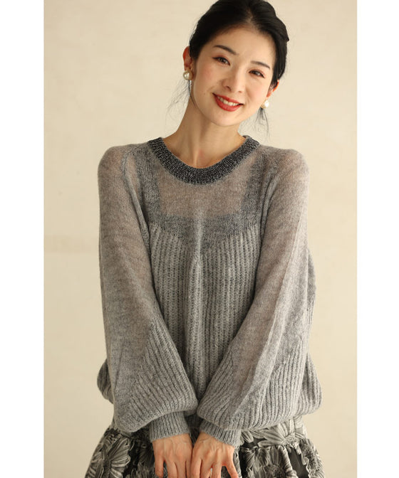 デコルテシアーなポワン袖ニットプルオーバートップス