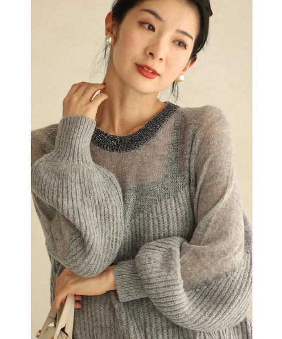 デコルテシアーなポワン袖ニットプルオーバートップス