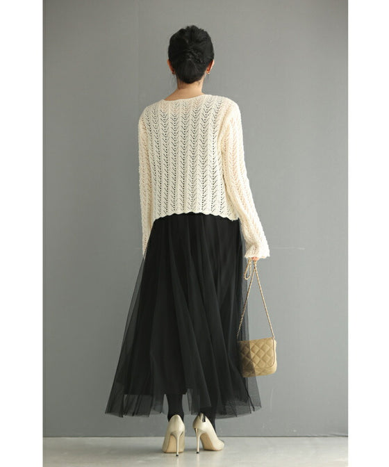 【セール商品返品交換不可】波うつ柄の透かし編みニットプルオーバートップス