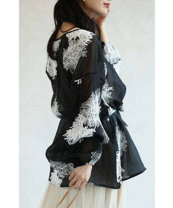 White floral embroidered sheer blouse top
