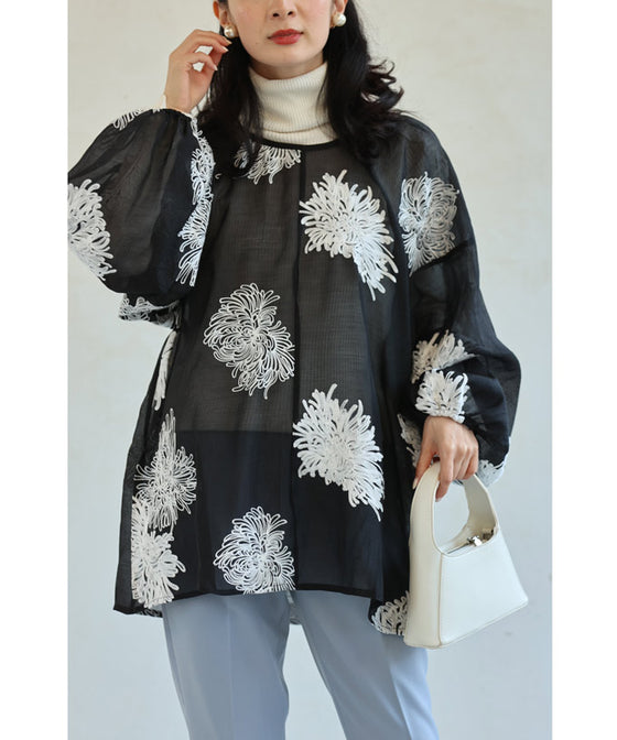 White floral embroidered sheer blouse top