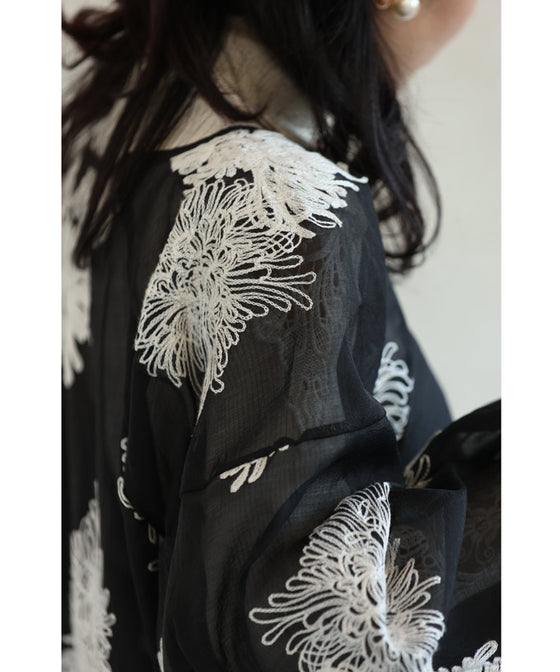White floral embroidered sheer blouse top