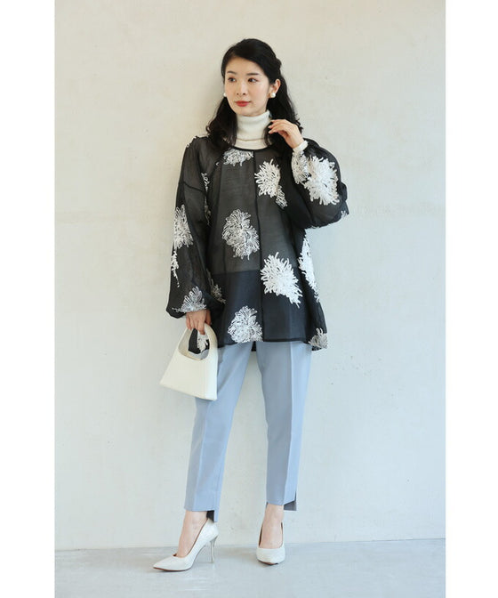 White floral embroidered sheer blouse top