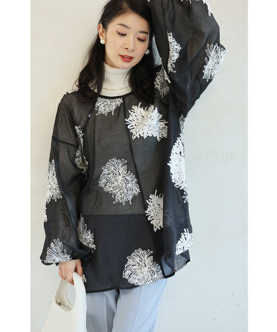White floral embroidered sheer blouse top