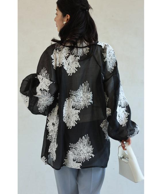 White floral embroidered sheer blouse top