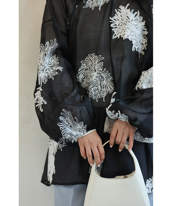 White floral embroidered sheer blouse top
