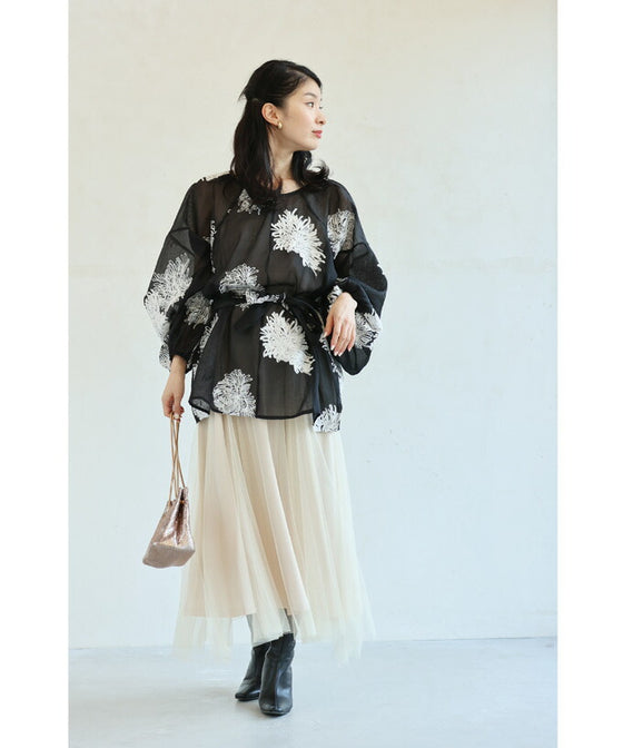 White floral embroidered sheer blouse top