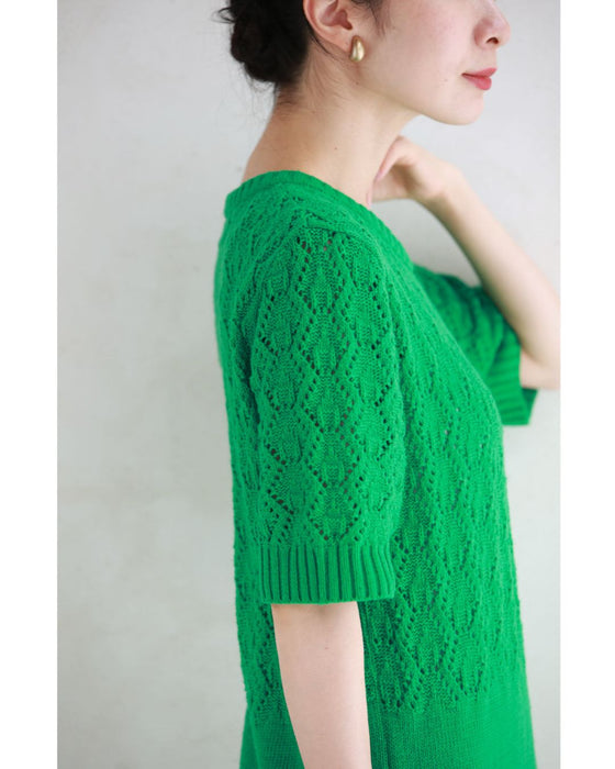 ストンとIラインシルエットの切り替え柄ニットロングワンピース