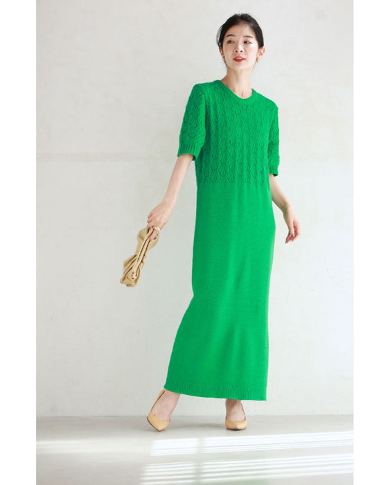 ストンとIラインシルエットの切り替え柄ニットロングワンピース