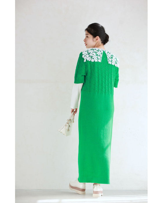 ストンとIラインシルエットの切り替え柄ニットロングワンピース