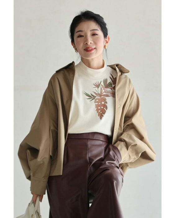 リーフ刺繍を描いたプルオーバートップス