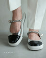 Two-tone enamel strap pumps with pearls