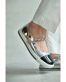 Two-tone enamel strap pumps with pearls