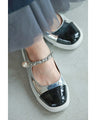 Two-tone enamel strap pumps with pearls