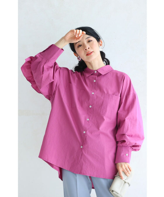 【セール商品返品交換不可】アシンメトリーなバックフリルのカラーシャツトップス