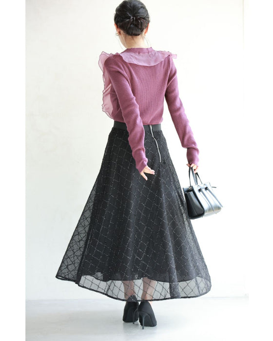煌めきダイヤチェックのメッシュ地ロングスカート