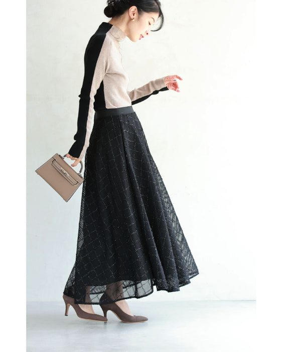 煌めきダイヤチェックのメッシュ地ロングスカート