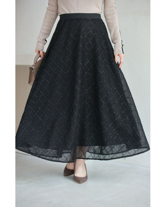 煌めきダイヤチェックのメッシュ地ロングスカート